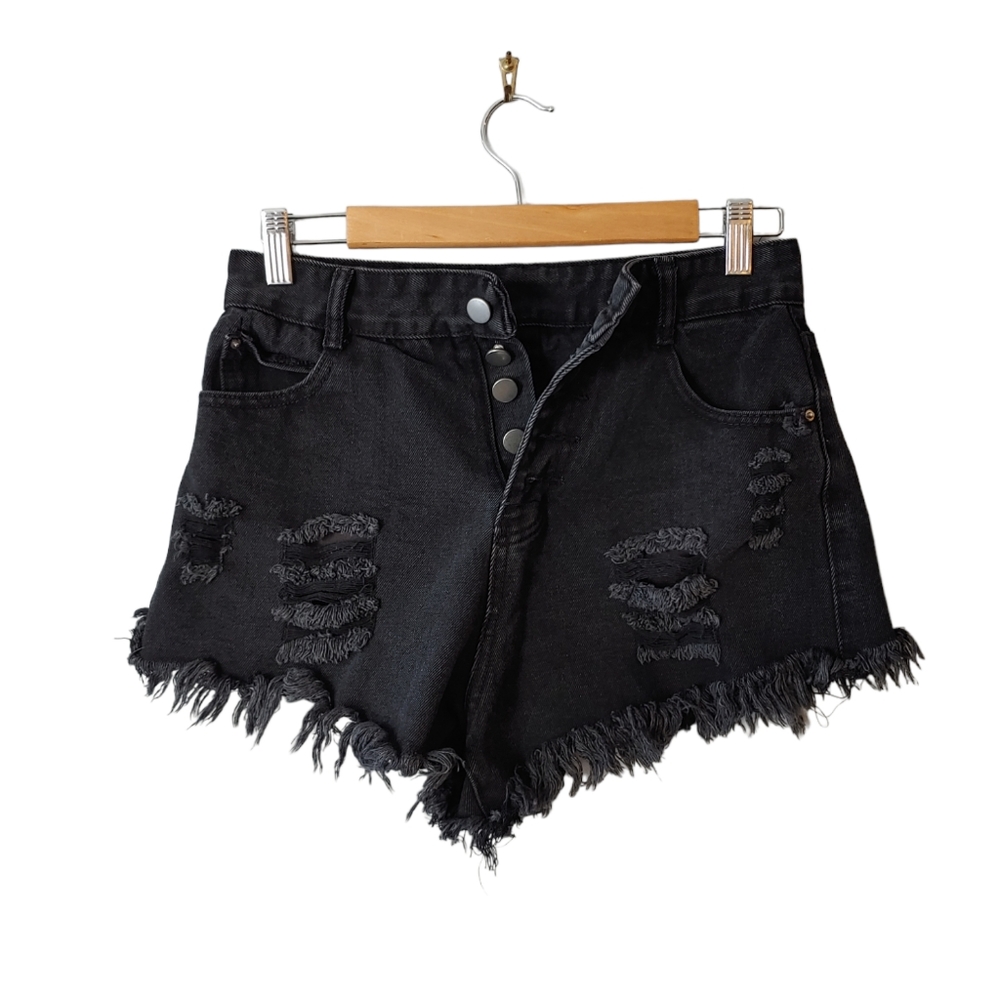 SHEIN Black Denim Button Fly Distressed Shorts with Fringe Size Medium